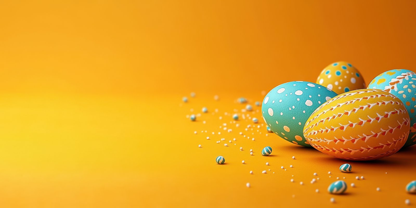 Colorful decorated eggs with pastel patterns on a vibrant orange background for spring celebrations